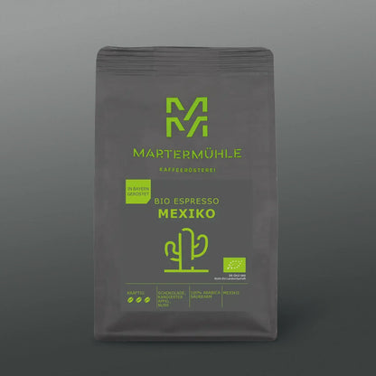 Bio Espresso Mexiko Packung vor grauem Hintergrund.