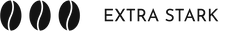 Icon von drei Kaffeebohnen mit der Schrift "Extra Stark" daneben