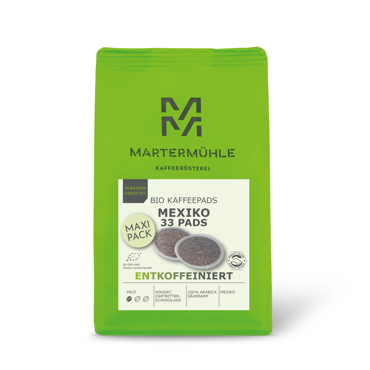 Kaffeepads Bio Kaffee Mexiko entkoffeiniert Packung ohne Hintergrund.