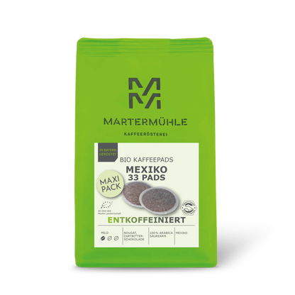 Kaffeepads Bio Kaffee Mexiko entkoffeiniert Packung ohne Hintergrund.