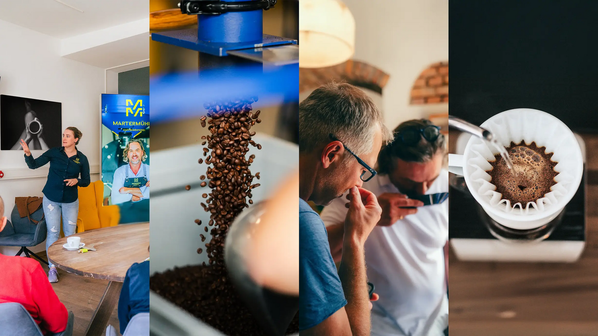Collage aus einer Führung in der Martermühle mit Präsentation, Röstvorgang und Kaffeetasting.