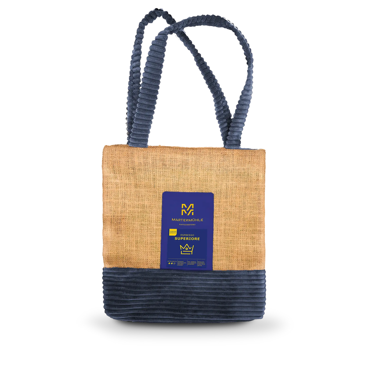 Handgenähte Tasche aus einem Kaffeesack mit einer Packung Espresso Superiore auf der Front.