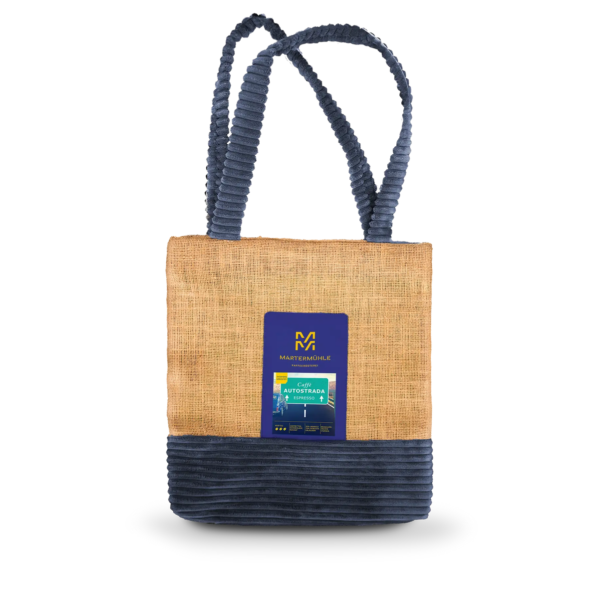 Handgenähte Tasche aus einem Kaffeesack mit einer Packung Espresso Autostrada auf der Front.