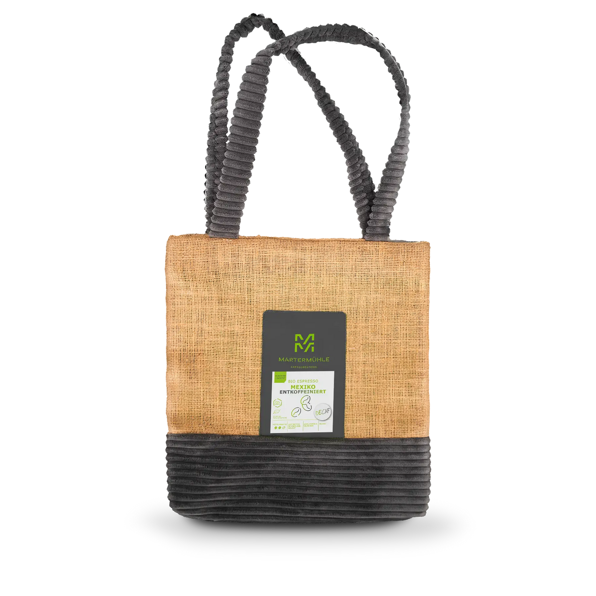 Handgenähte Tasche aus einem Kaffeesack mit einer Packung Bio Espresso Mexiko entkoffeiniert auf der Front.