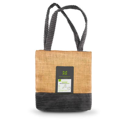 Handgenähte Tasche aus einem Kaffeesack mit einer Packung Bio Espresso Mexiko entkoffeiniert auf der Front.